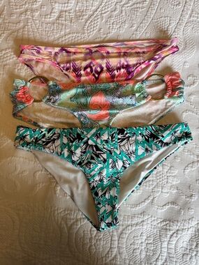 3 Victoria Secret / PINK  Women's Bikini Bottoms - Teal, Coral & Purple Prints